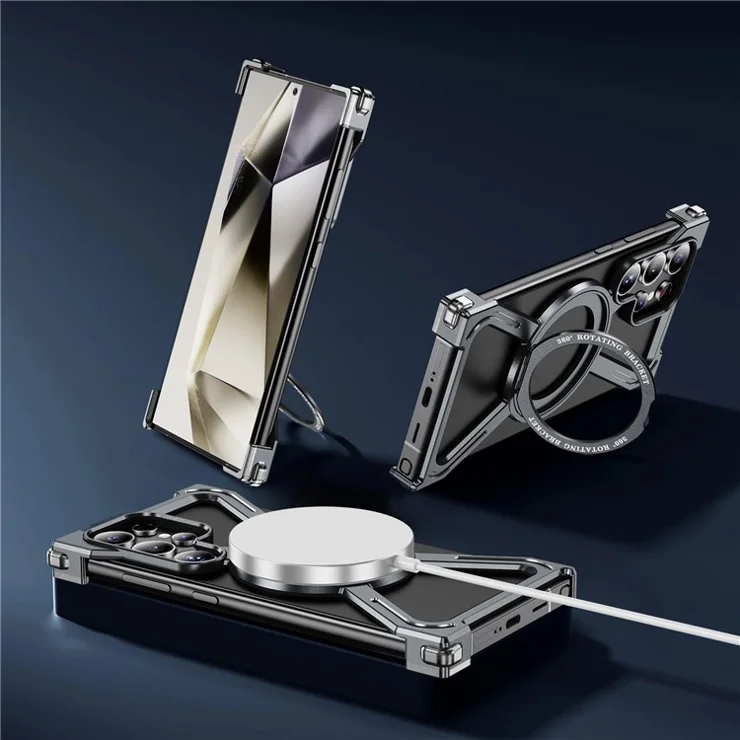 For Samsung Galaxy S23 Ultra Case Military Grade Anti Drop Rotating Kickstand Titanium Alloy Bumper Phone Cover - Grey