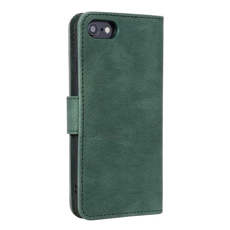 For iPhone 16e Leather Case Splicing Stitching Wallet Phone Cover with Wrist Strap - Green