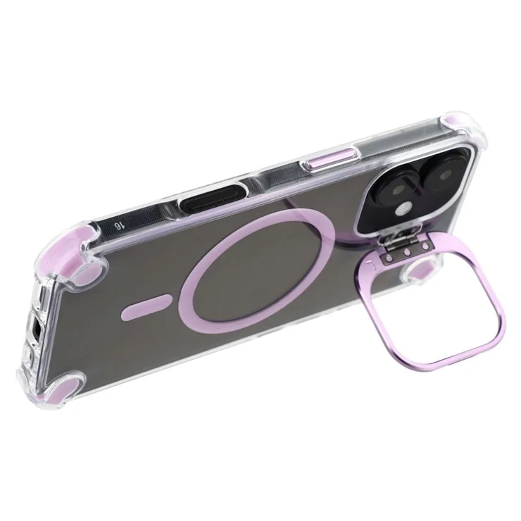 For iPhone 16 Magnetic Clear Case Shockproof Hybrid Phone Shell with Camera Lens Frame Kickstand - Purple