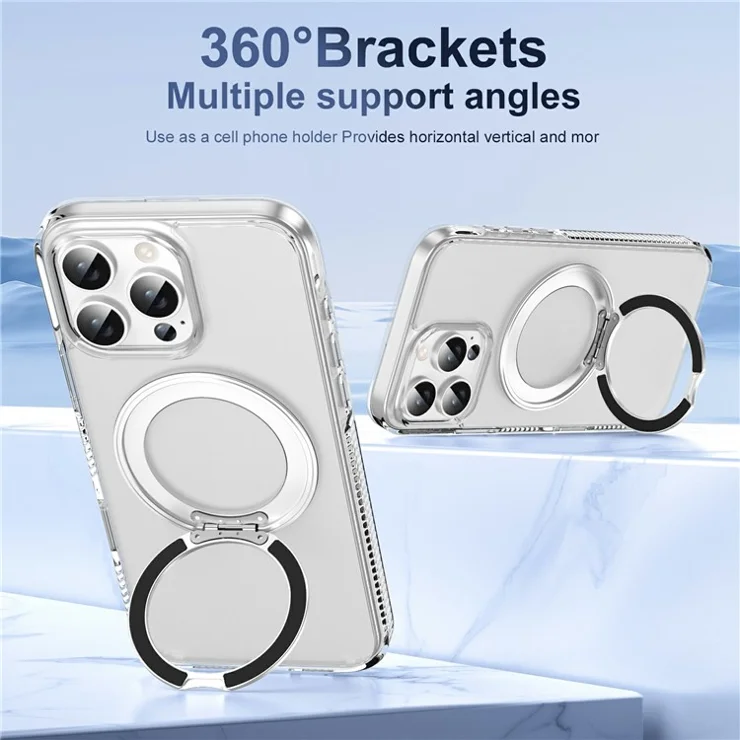 For iPhone 16 Pro Max Case Rotating Kickstand PC + TPU Magnetic Phone Cover with Camera Touch Control Button - Transparent
