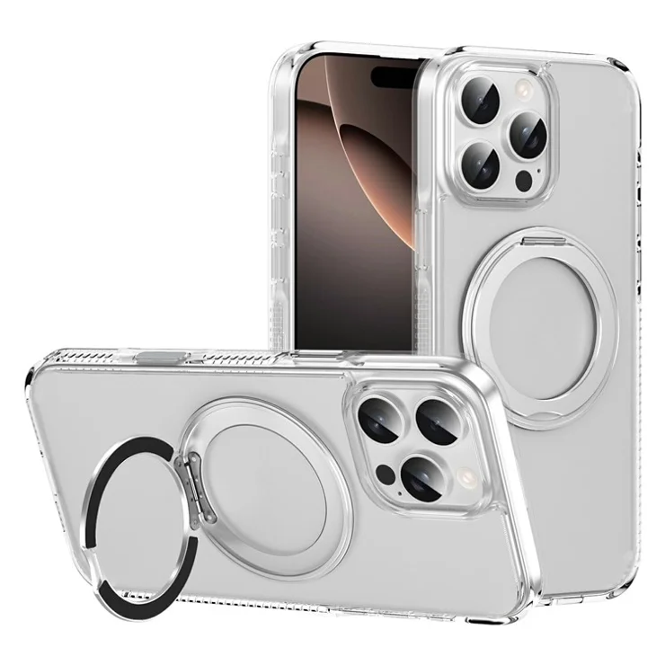 For iPhone 16 Pro Case Rotating Kickstand PC + TPU Magnetic Phone Cover with Camera Touch Control Button - Transparent