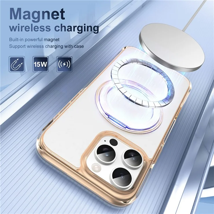 For iPhone 16 Pro Case Rotating Kickstand PC + TPU Magnetic Phone Cover with Camera Touch Control Button - Transparent Gold