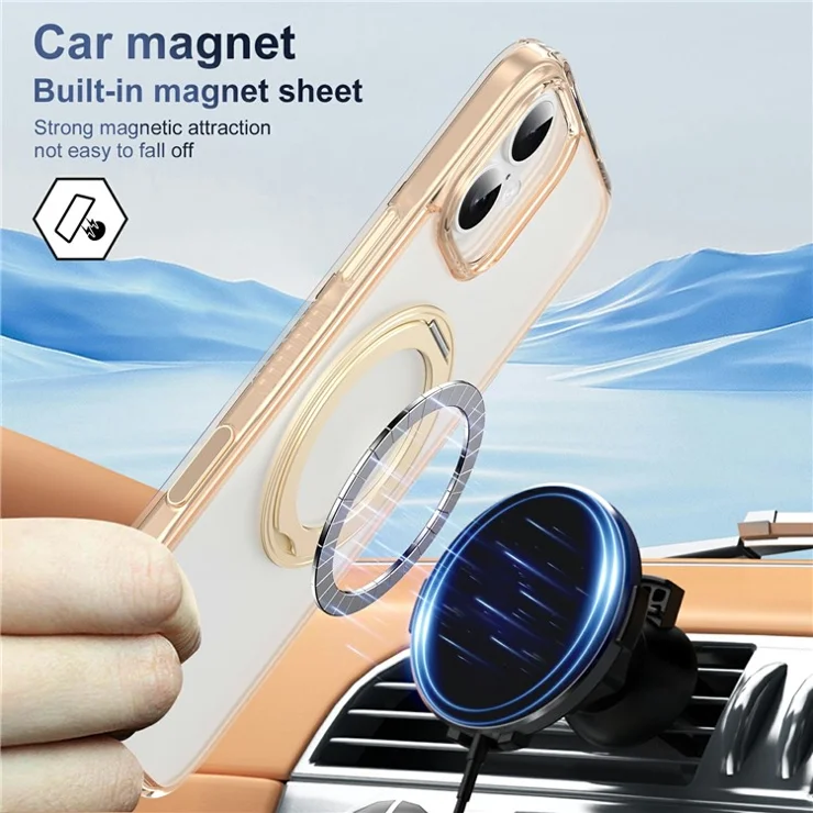For iPhone 16 Case with Camera Touch Control Button Rotating Kickstand PC + TPU Magnetic Phone Cover - Transparent Gold