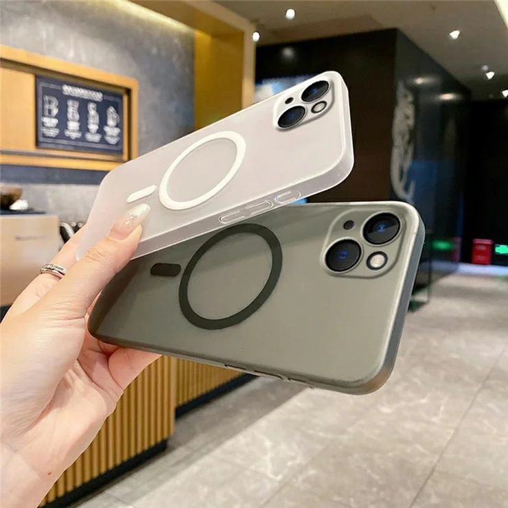 For iPhone 14 / 13 Magnetic Case Compatible with MagSafe Frosted PC Phone Cover with Camera Lens Protector - Transparent Purple