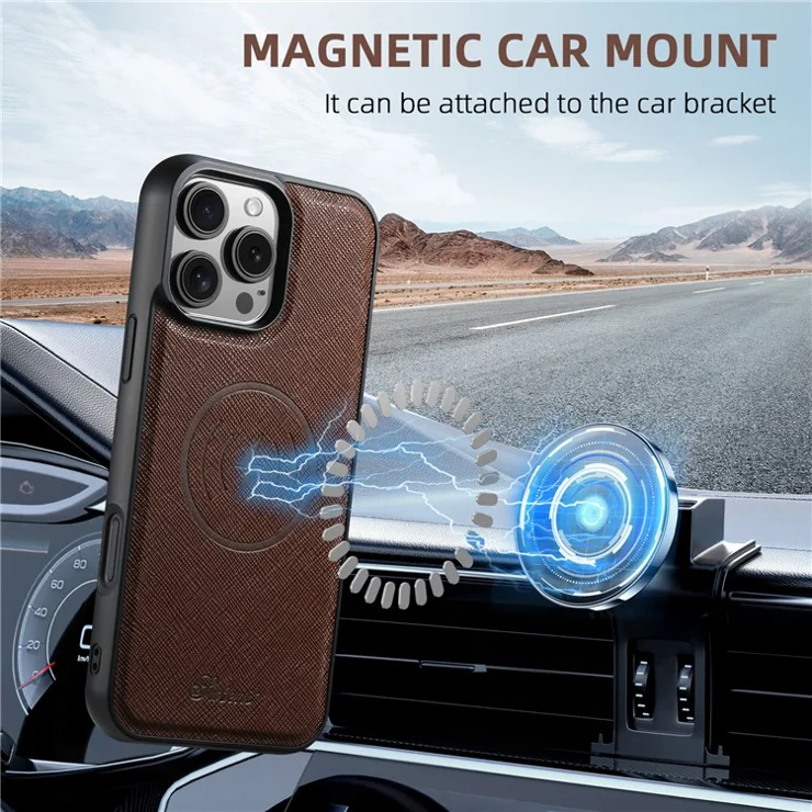 SUTENI H20 For iPhone 12 Pro Max Magnetic Case Cross Texture Phone Back Cover with Detachable Card Holder - Brown