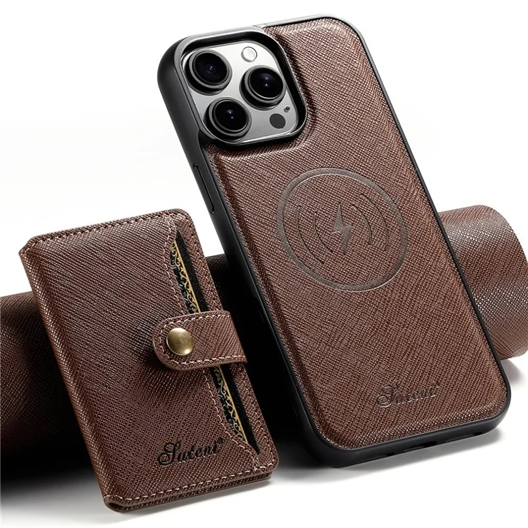 SUTENI H20 For iPhone 13 Pro Magnetic Case Cross Texture Phone Back Cover with Detachable Card Holder - Brown