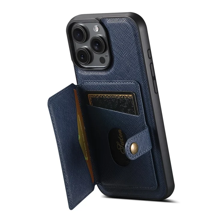 SUTENI H20 For iPhone 15 Pro Max Magnetic Case Cross Texture Phone Back Cover with Detachable Card Holder - Blue