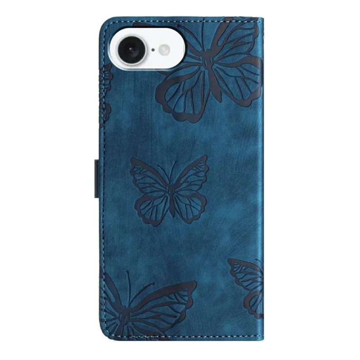 For iPhone 16e Case Butterfly Design Flip Wallet Leather Phone Cover Skin-Touch - Blue