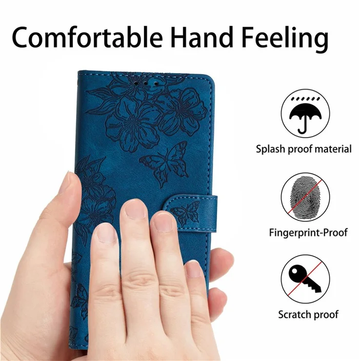 For iPhone 16e Case Butterfly Flower Pattern Skin-Touch Leather Phone Cover - Blue
