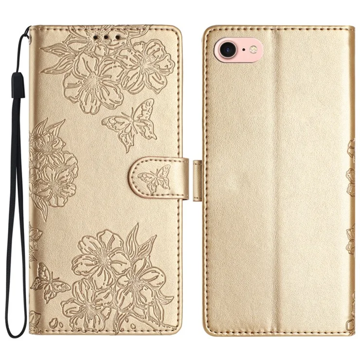 For iPhone 16e Case Butterfly Flower Drop-Proof PU Leather Wallet Phone Cover - Gold