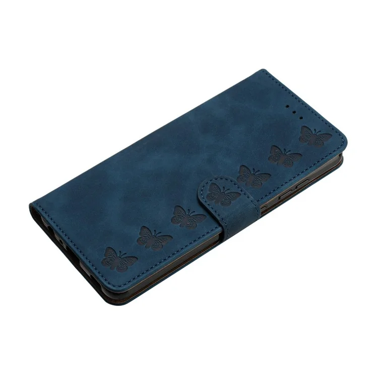 For iPhone 16e Case Imprinted Butterfly Leather Wallet Phone Cover - Blue