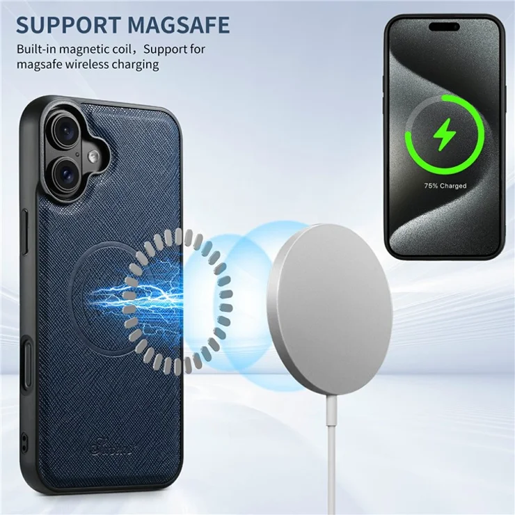 SUTENI H20 For iPhone 16 Magnetic Case Cross Texture Phone Back Cover with Detachable Card Holder - Blue