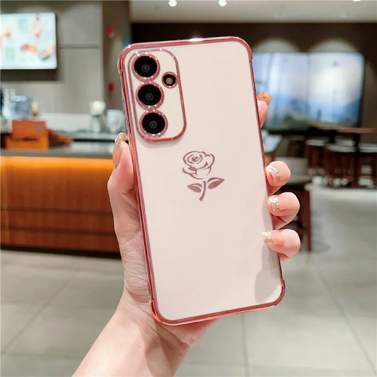 For Samsung Galaxy A55 5G Case Electroplating Edge Rose Pattern TPU Phone Back Cover Airbag Drop Proof - Rose Pink