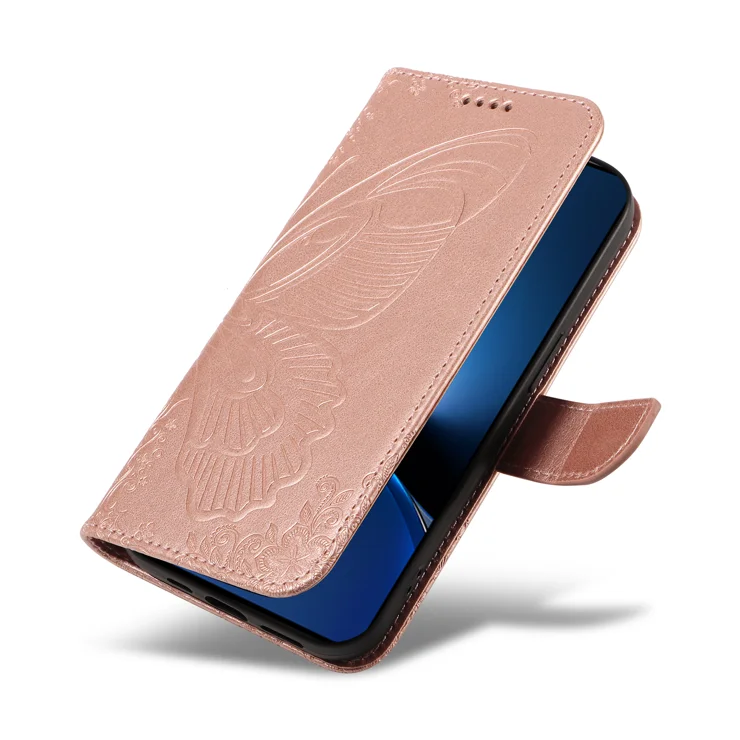 For Xiaomi Redmi Turbo 4 5G Case Butterfly Pattern PU Leather Folio Flip Phone Cover - Rose Gold