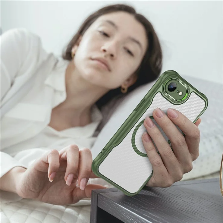 For iPhone 16e Case Compatible with MagSafe Hybrid Phone Cover Carbon Fiber - Green