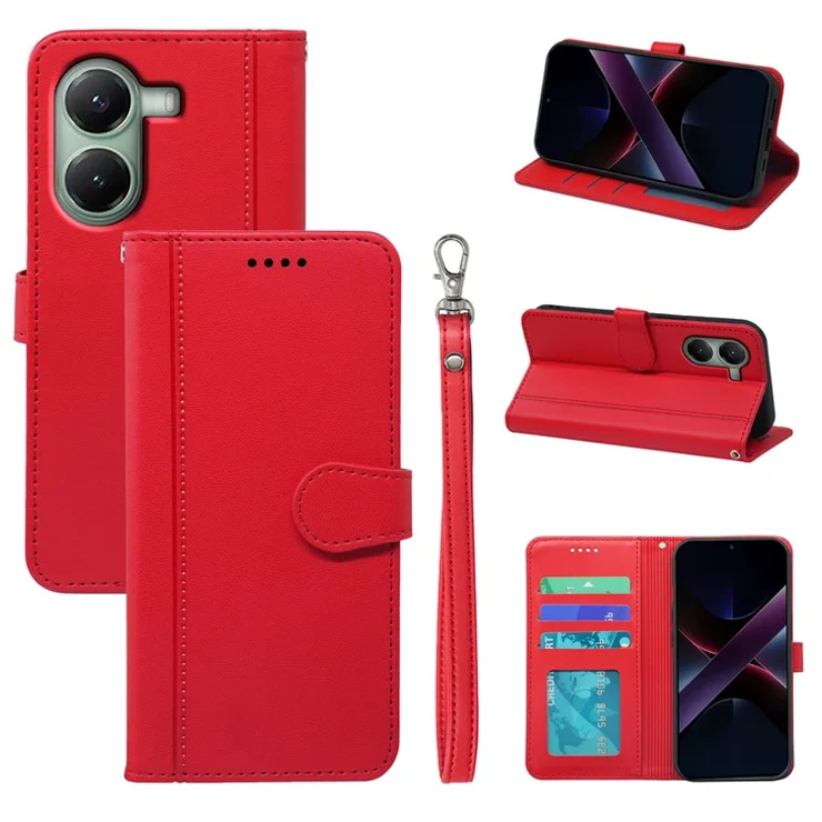 For Xiaomi Poco X7 Pro 5G / Redmi Turbo 4 5G Wallet Case Magnetic Snap Leather Phone Cover with Strap - Red