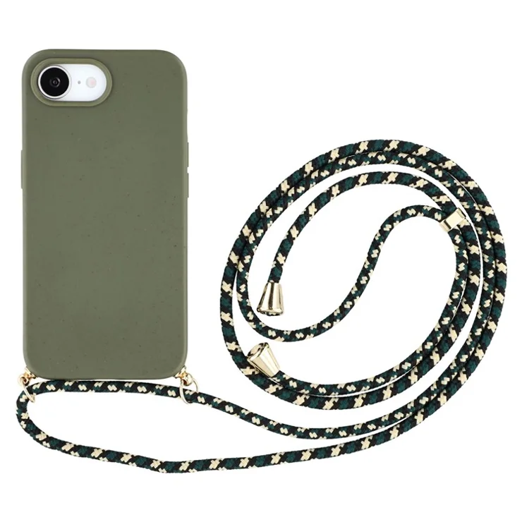 For iPhone 16e Case Biodegradable Wheat Straw + TPU Phone Cover with Long Lanyard - Army Green
