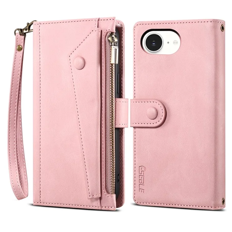 ESEBLE Star Series For iPhone 16e Case Zipper Wallet Leather Stand Phone Cover - Rose Gold