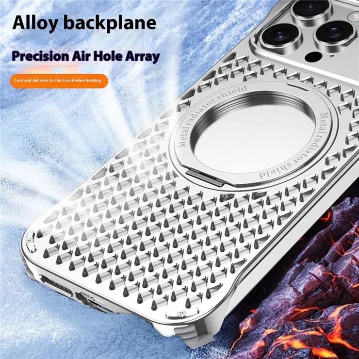 R-JUST RJ64 For iPhone 16 Magnetic Case Aluminum Alloy Perfume Cooling Phone Cover with Rotating Kickstand - Black
