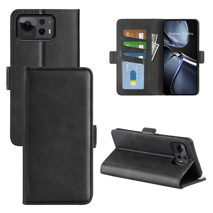 For Asus Zenfone 12 Ultra 5G Case Calf Texture Leather Wallet Phone Cover - Black