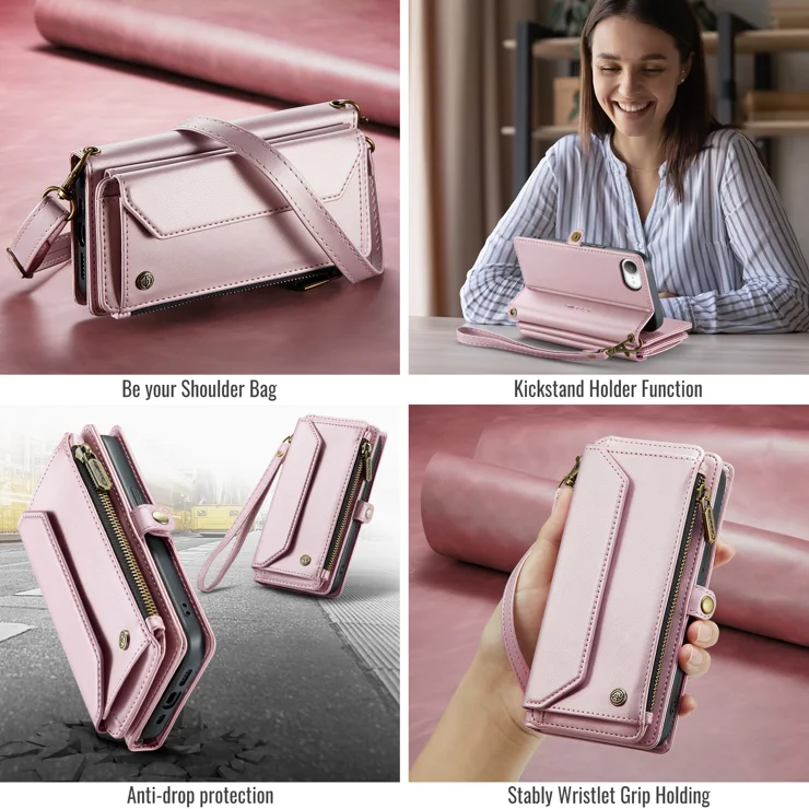 For iPhone 16e Leather Case CASEME C36 Zipper Multiple Card Slots Phone Cover with Straps - Pink