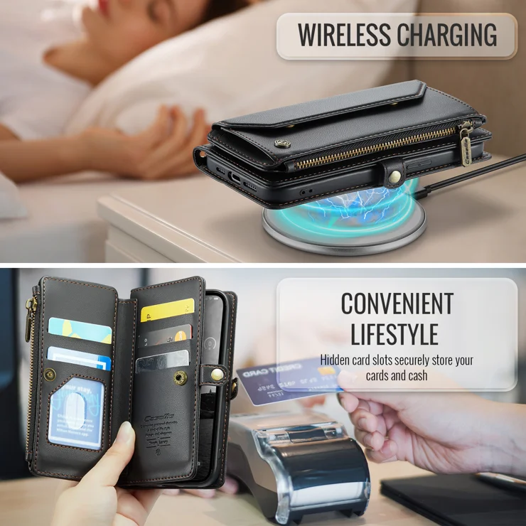For iPhone 16e Leather Case CASEME C36 Zipper Multiple Card Slots Phone Cover with Straps - Black