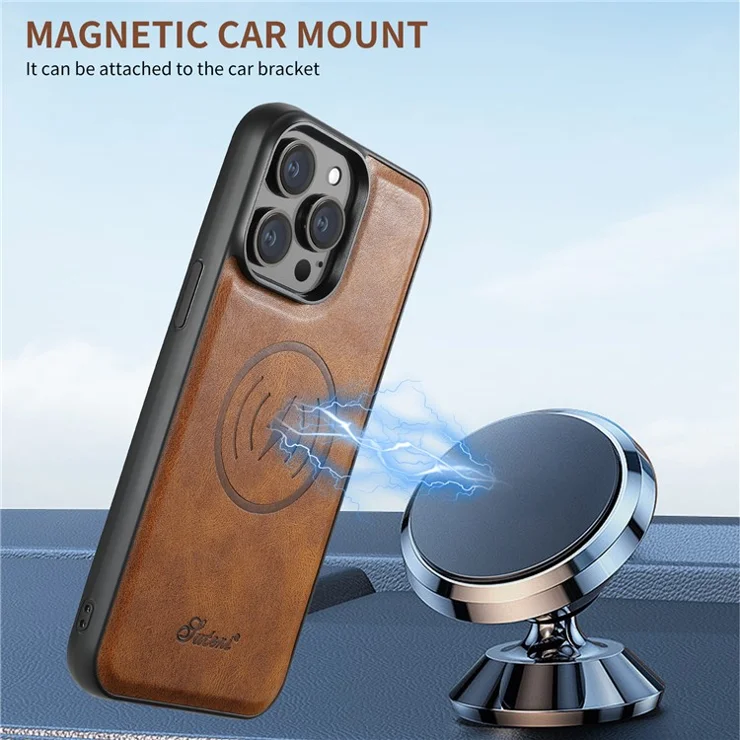 SUTENI H19 For iPhone 13 Pro Magnetic Case Waxy Texture Card Slots Leather Back Phone Cover - Brown