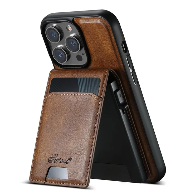 SUTENI H19 For iPhone 13 Pro Max Magnetic Case Waxy Texture Card Slots Leather Back Phone Cover - Brown