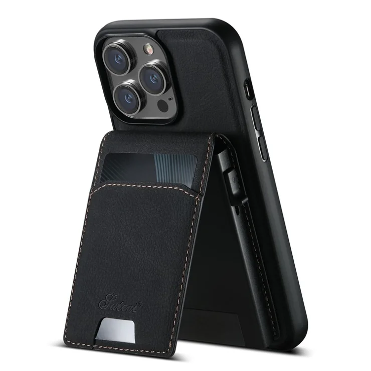 SUTENI H19 For iPhone 13 Pro Max Magnetic Case Card Holder Kickstand Litchi Texture Leather Back Cover - Black