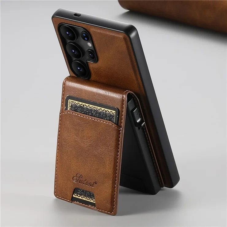 SUTENI H19 For Samsung Galaxy S24 Ultra Magnetic Case Waxy Texture Card Slots Leather Back Phone Cover - Brown
