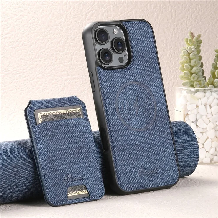 SUTENI H18 For iPhone 16 Pro Magnetic Case Jeans Cloth Texture Leather Back Cover with Card Bag - Blue