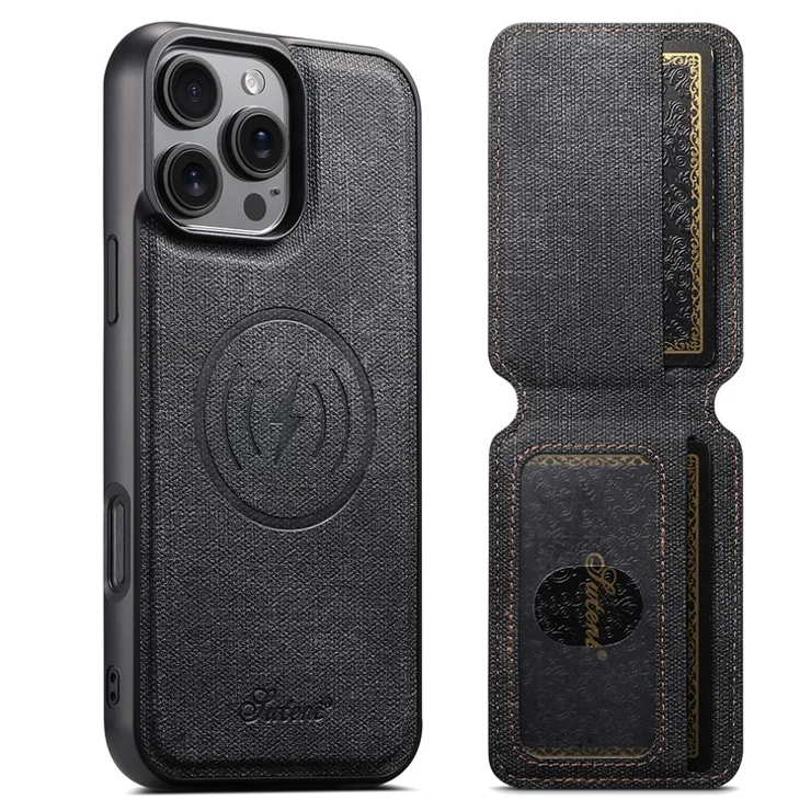 SUTENI H18 For iPhone 16 Pro Max Magnetic Case Jeans Cloth Texture Leather Back Cover with Card Bag - Black