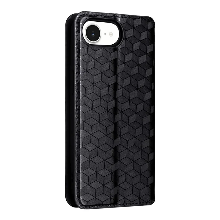 For iPhone 16e Case Wallet Rhombus Imprinted Leather Phone Cover - Black