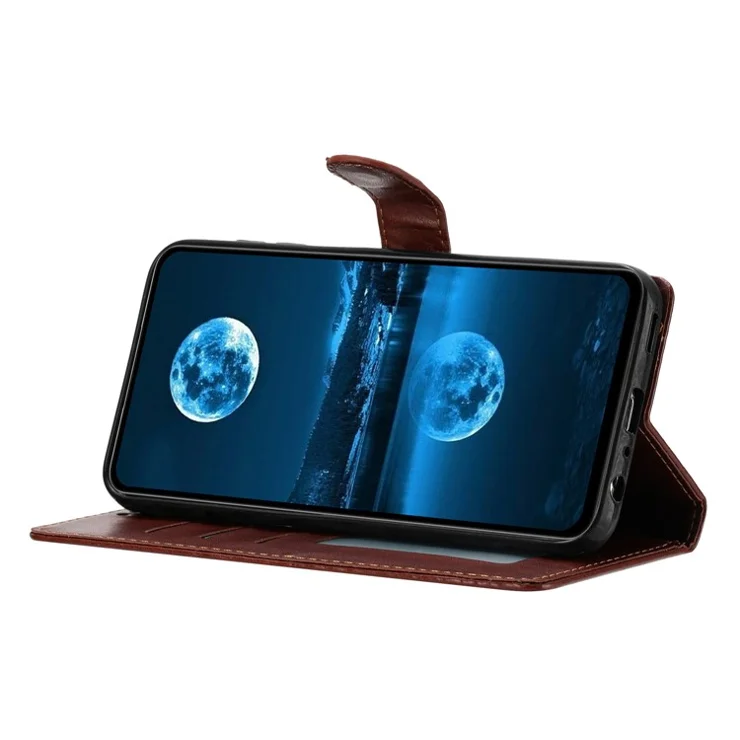 For iPhone 16e Leather Case Wallet Stand Phone Cover with Handy Strap - Brown