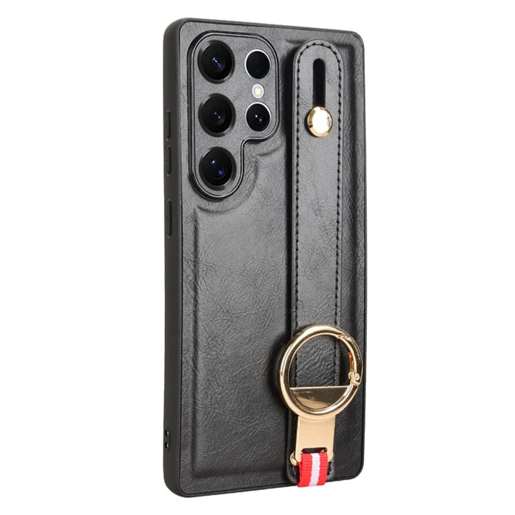 For Samsung Galaxy S25 Ultra Case Wristband Kickstand Leather + PC + TPU Phone Cover with Bottle Opener - Black