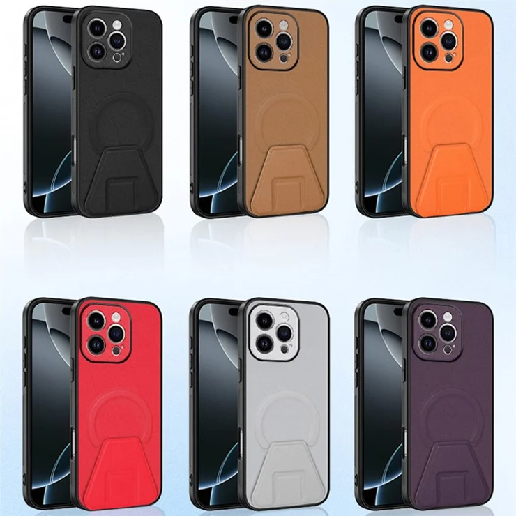 For iPhone 14 Pro Case Compatible with MagSafe Kickstand PC + TPU + PU Phone Cover - Brown
