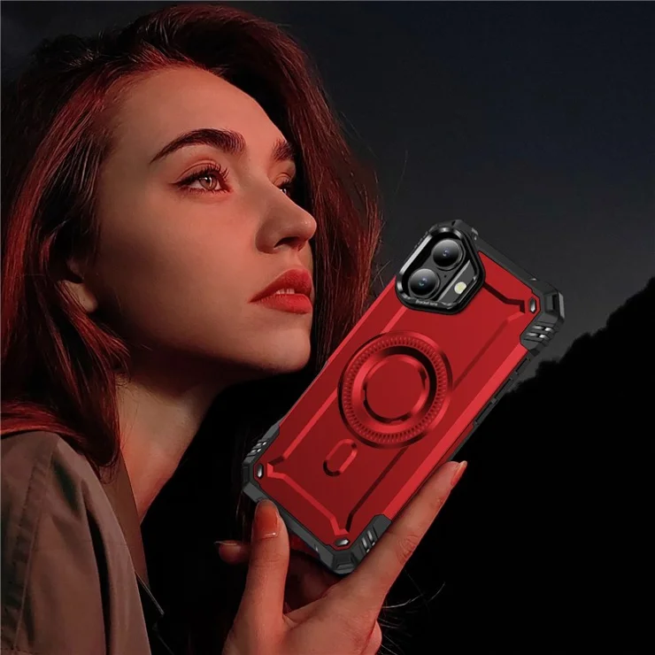For iPhone 16 Magnetic Case Lens Kickstand PC + TPU Shockproof Phone Cover - Red