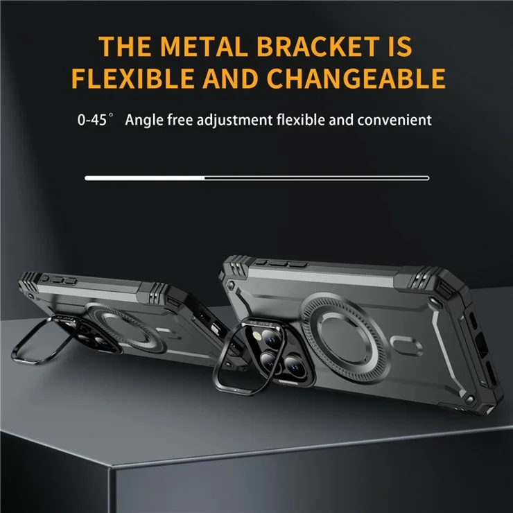 For iPhone 14 Pro Max Magnetic Case Lens Kickstand PC + TPU Shockproof Phone Cover - Grey