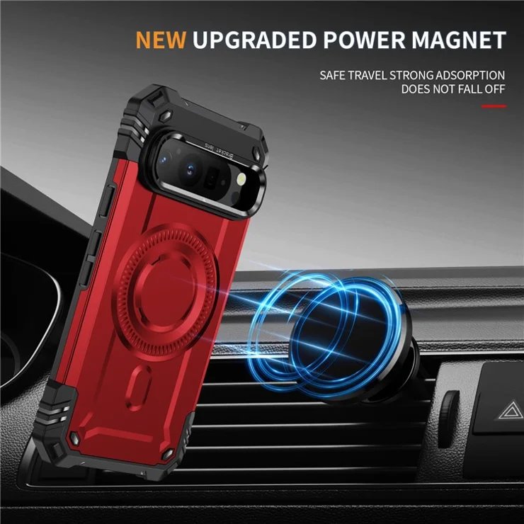 For Google Pixel 9 / 9 Pro Magnetic Case Lens Kickstand PC + TPU Shockproof Phone Cover - Red