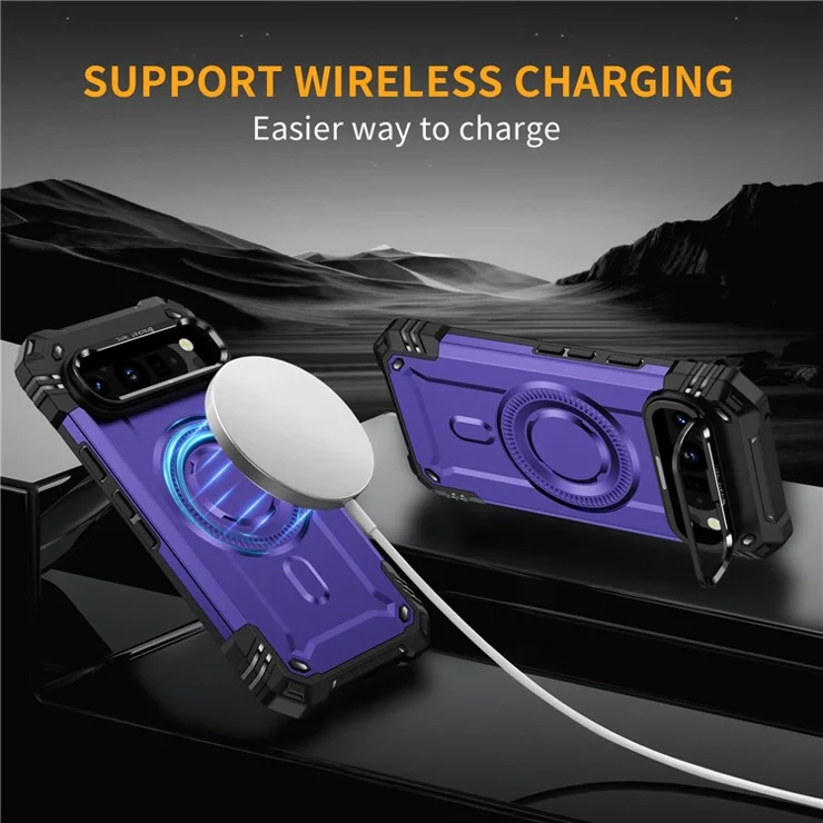 For Google Pixel 9 / 9 Pro Magnetic Case Lens Kickstand PC + TPU Shockproof Phone Cover - Purple