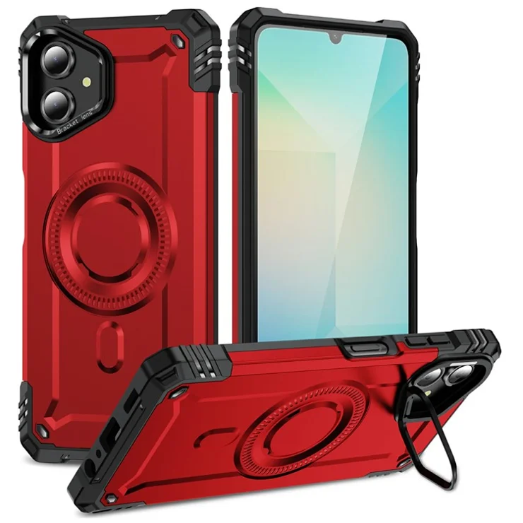For Samsung Galaxy A06 4G Magnetic Case Lens Kickstand PC + TPU Shockproof Phone Cover - Red