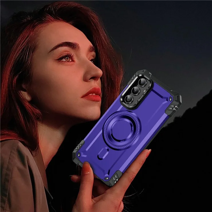 For Samsung Galaxy A54 5G Magnetic Case Lens Kickstand PC + TPU Shockproof Phone Cover - Purple