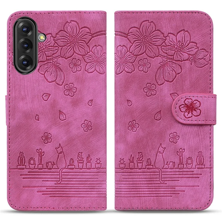 For Samsung Galaxy A56 5G Case Flip Stand Leather Phone Cover Cherry Blossom Cat Imprinted - Rose