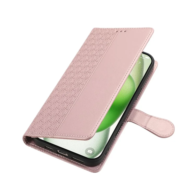 For iPhone 16 Plus Case Anti Scratch Splicing Imprinted Rhombus Leather Phone Cover - Rose Gold