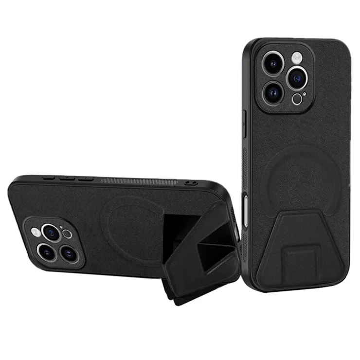 For iPhone 15 Pro Case Compatible with MagSafe Kickstand PC + TPU + PU Phone Cover - Black