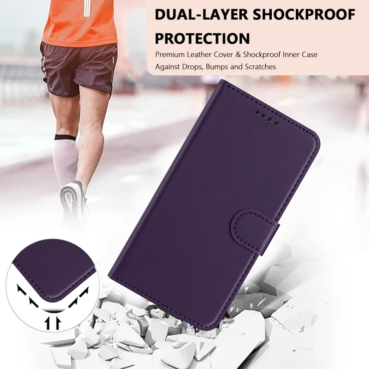 For iPhone 13 mini 5.4 inch Leather Case Wallet Stand Solid Color Anti Drop Phone Cover - Purple