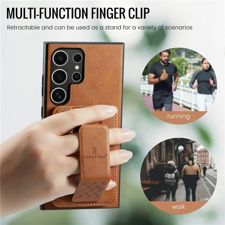 FIERRE SHANN 024 Style For Samsung Galaxy S25 Ultra Case Card Holder Kickstand Waxy Texture Leather + TPU Phone Cover - Brown