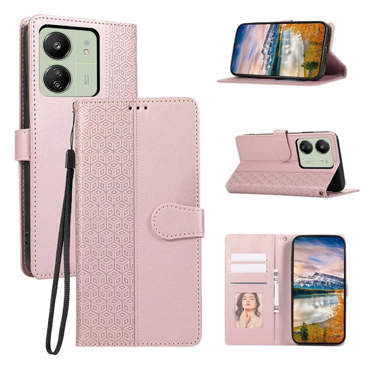 For Xiaomi Redmi 13C 4G / Poco C65 4G Case Anti Scratch Splicing Imprinted Rhombus Leather Phone Cover - Rose Gold