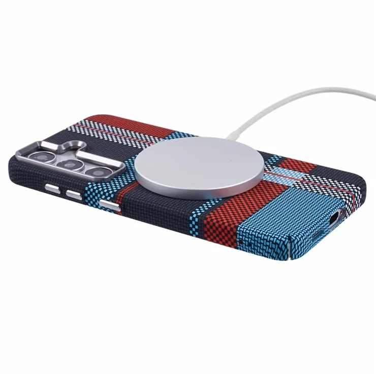 For Samsung Galaxy S25+ Case Compatible with MagSafe Carbon Fiber Texture Water Transfer PC Phone Cover - Red + Blue Checkered Pattern