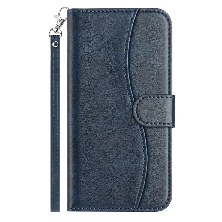For iPhone 16e Stand Case with Strap PU Leather Wallet Phone Cover S Shape Stitching Design - Navy Blue